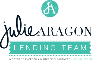 julie aragon logo shown as small whiite letters J and A in a green filled circle with julie aragon name, on top lending team word on green banner and the words mortage experts, marketing partners and great peeps underneeth