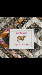 black top and bottom with woven background, with a framed image of a bull, with the captions "take the bull" on top and "by the horms" below the bull