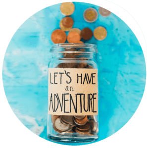 huge cropped image in aqua blue background of a bottle with corks and coins and with a label "let's have an adventure"